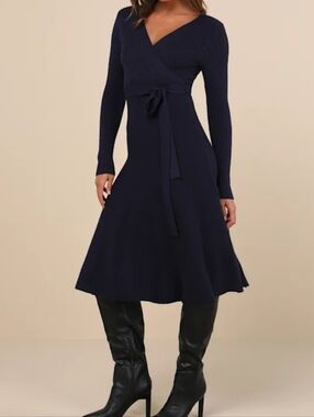 Lulus Warm Emotions Navy Blue Skater Midi Sweater Dress, Size Large, NWT!